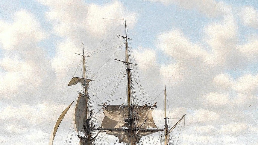 A painting of a tall ship on the ocean with land visible behind it.