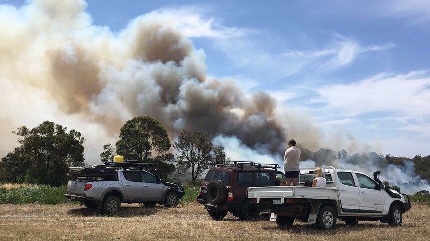 People in parked cars watch as a fire burns in bushland.