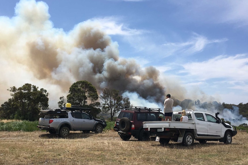 People in parked cars watch as a fire burns in bushland.