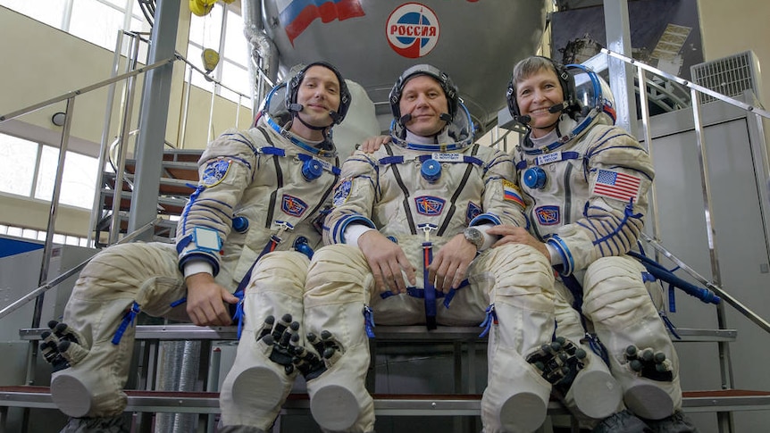 Expedition 50 crew ESA astronaut Thomas Pesquet, NASA astronaut Peggy Whitson, and Russian cosmonaut Oleg Novitskiy of Roscosmos