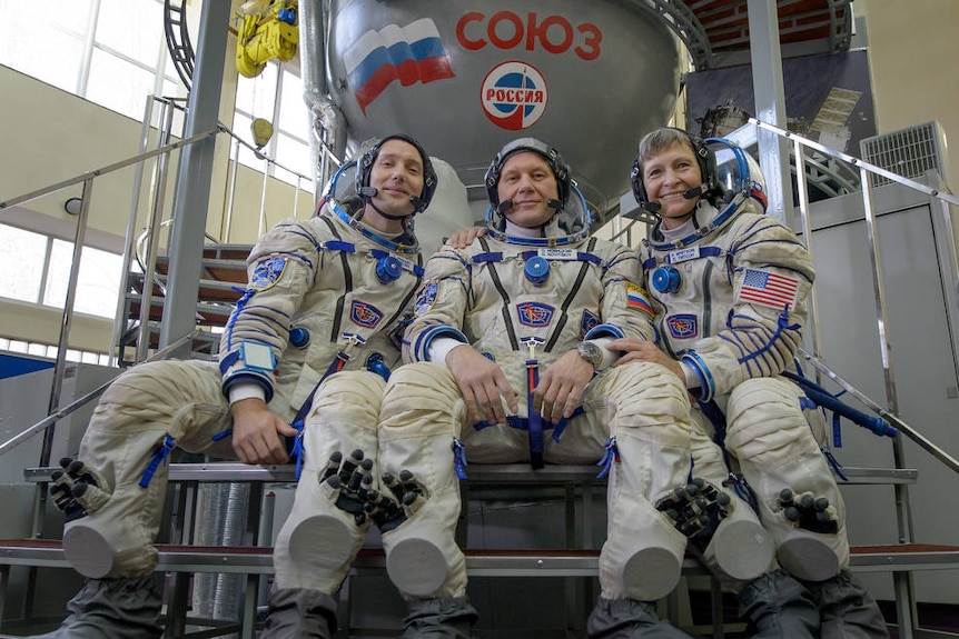Expedition 50 crew ESA astronaut Thomas Pesquet, NASA astronaut Peggy Whitson, and Russian cosmonaut Oleg Novitskiy of Roscosmos