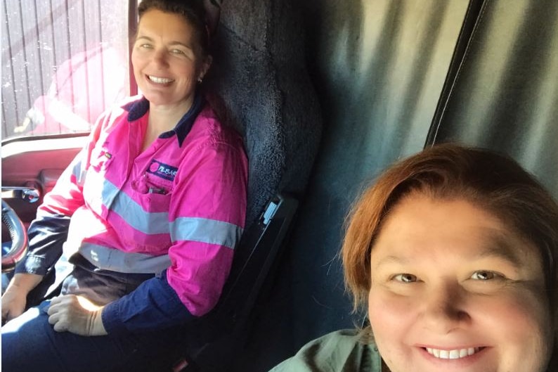 Selfie photo with truck driver Heather Jones left and Karen Michelmore