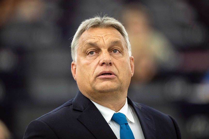 Close up of Hungarian Prime Minister Viktor Orban speaking.