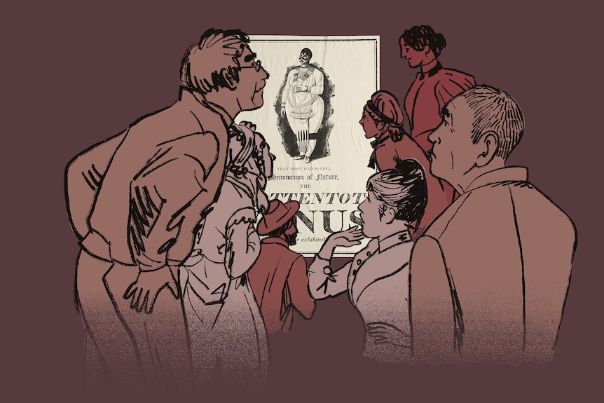 Animated image of group of people looking at a poster on the wall saying 'Hottentot Venus'.