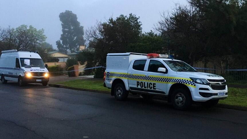 A police four-wheel drive ute and a van outside a house in fog