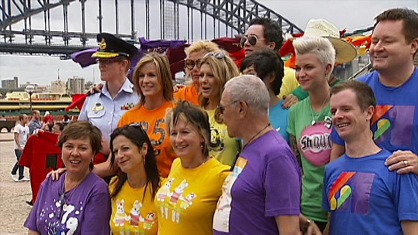 TV Still of celebrities at same sex law reform protest at Sydney Opera House