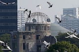Doves fly over Peace Memorial Park at a ceremony in Hiroshima