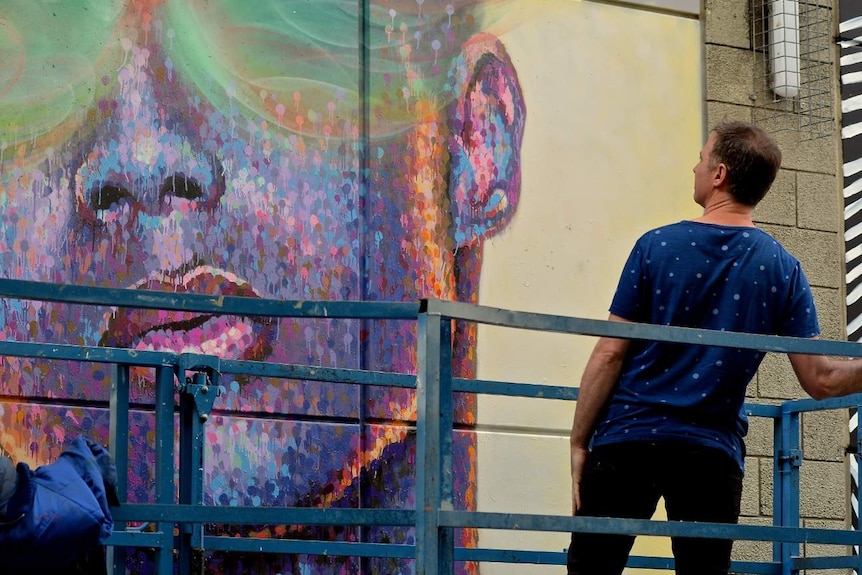 Jimmy C works on his laneway art on a wall.