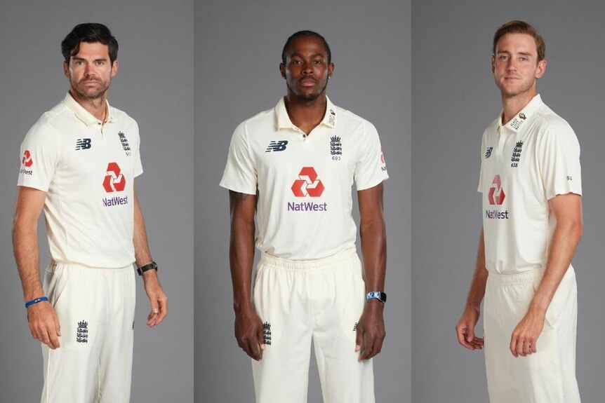 England bowlers (left to right) James Anderson, Jofra Archer and Stuart Broad pose for photos in their Test whites.