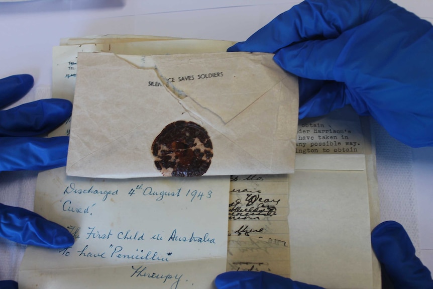 The original note and envelope recording Peter Harrison as 'The first child in Australia to have penicillin'