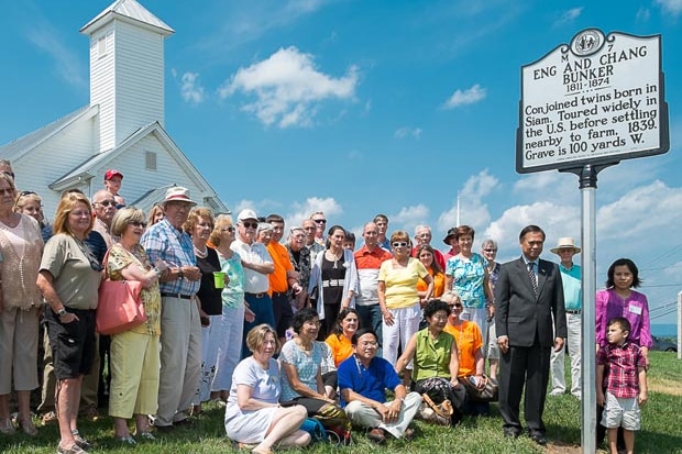 Bunker descendants gathered outside a church.