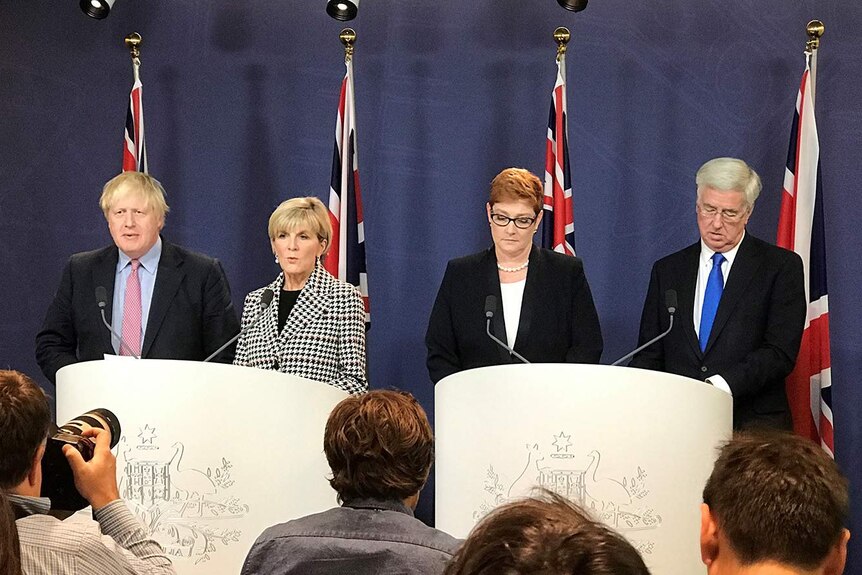 Boris Johnson, Julie Bishop, Marise Payne and Michael Fallon speak at a press conference.