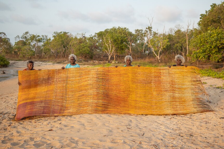 Four First Nations women stand on a beach at twilight holding a large hand-woven 'fish fence'.