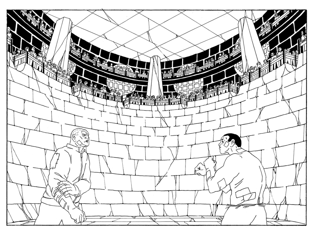 A black and white illustrated drawing of two patched up men facing off for a fight in a large stone fighting pit arena.