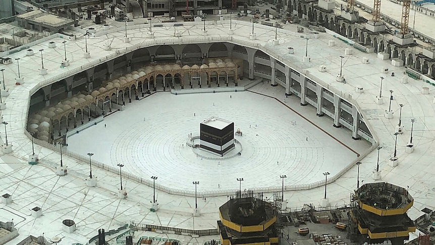 view showing the Grand Mosque, at the Muslim holy city of Mecca virtually empty, in Saudi Arabia.