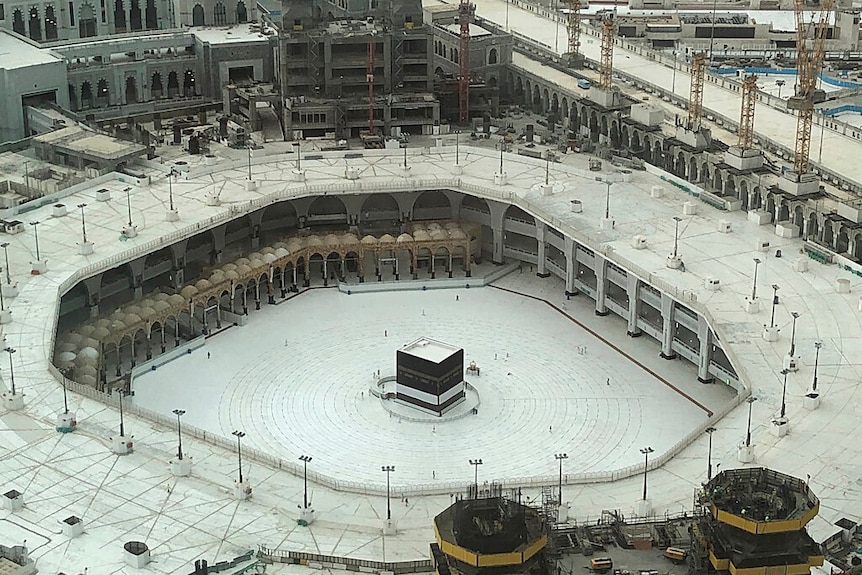 A general view showing the Grand Mosque, at the Muslim holy city of Mecca virtually empty, in Saudi Arabia.