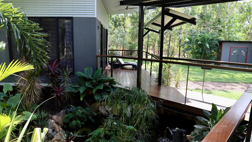 The verandah of a house surrounded by leafy plants and a backyard