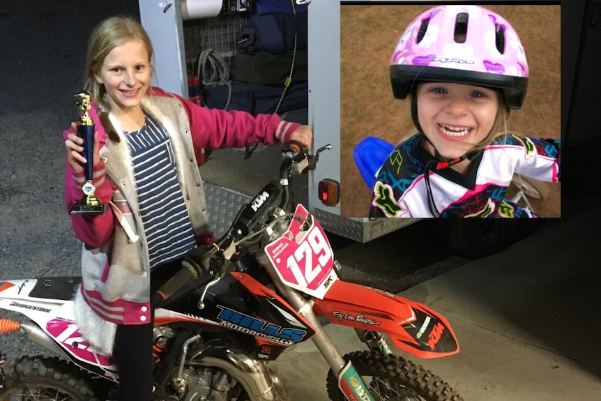 Collage of two photos, Inset young girl in helmet. Main: girl on motorbike with trophy