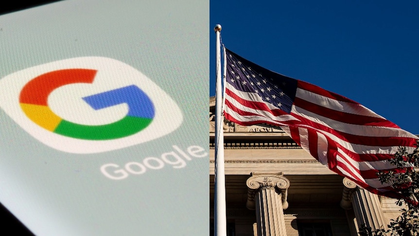 The Google app displayed on a smartphone, next to the US flag outside a Department of Justice building.