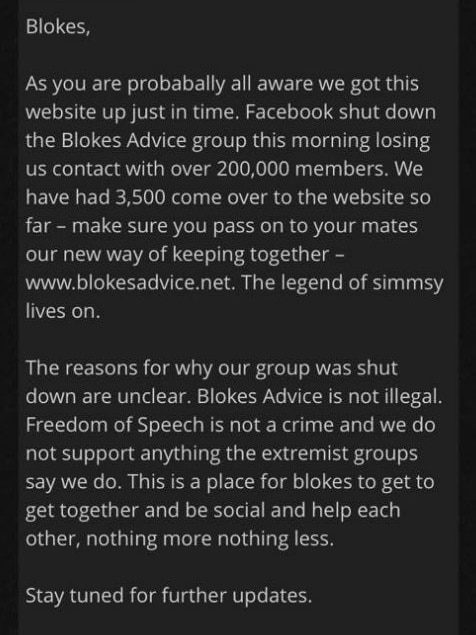 A post from Blokes Advice to its members after it was shut down by Facebook.