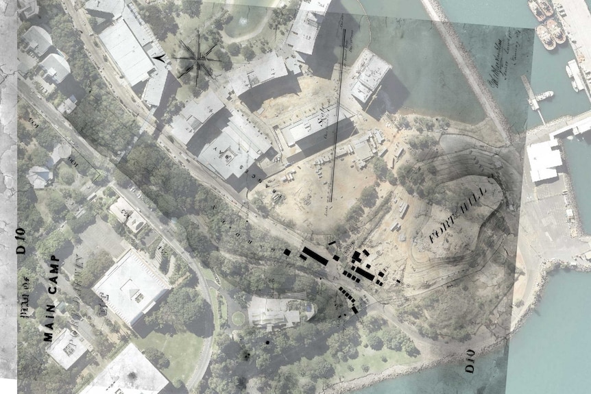 A map of Darwin overlaid with a map if the original surveyor's camp.