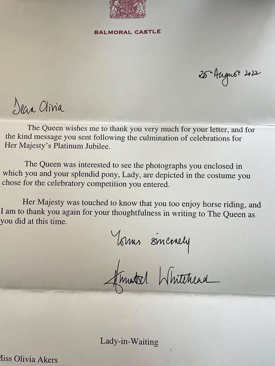 A close up of a letter from the Queen's lady in waiting