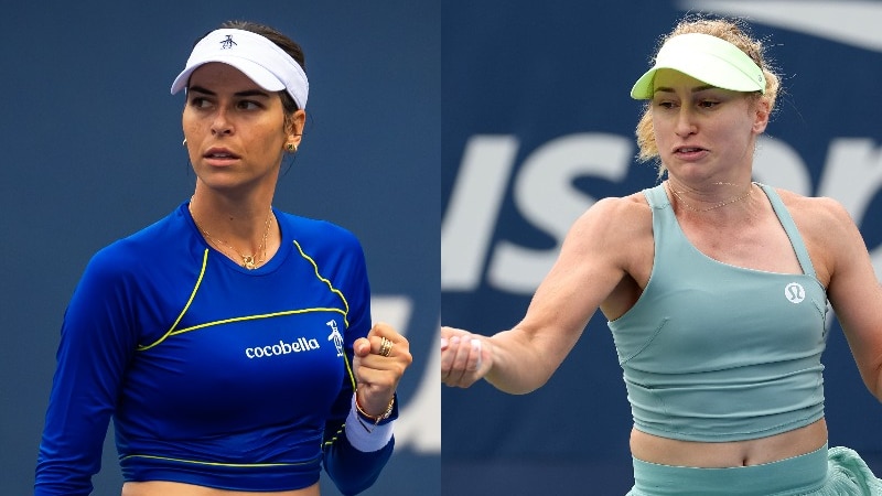 A composite of two female tennis players, one is pumping her fist while the other plays a forehand shot.