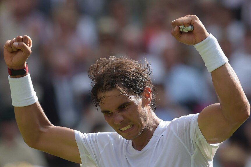 Rafael Nadal celebrates a win at Wimbledon