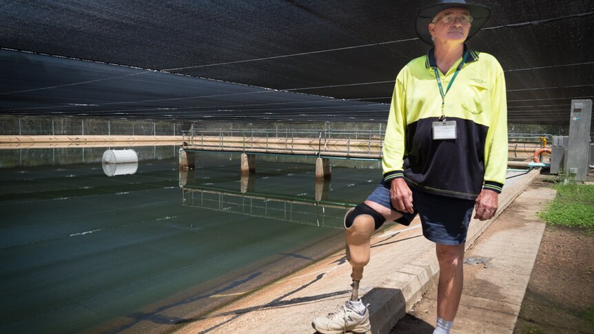 Older man with prosthetic leg standing next to large Water Treatment pond in shed.