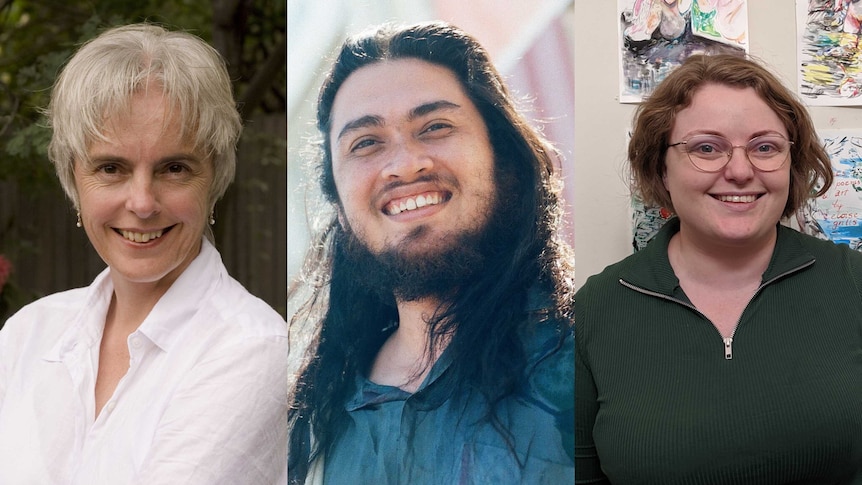 Portraits of three writers: an older white woman, a young man of colour and a young white woman