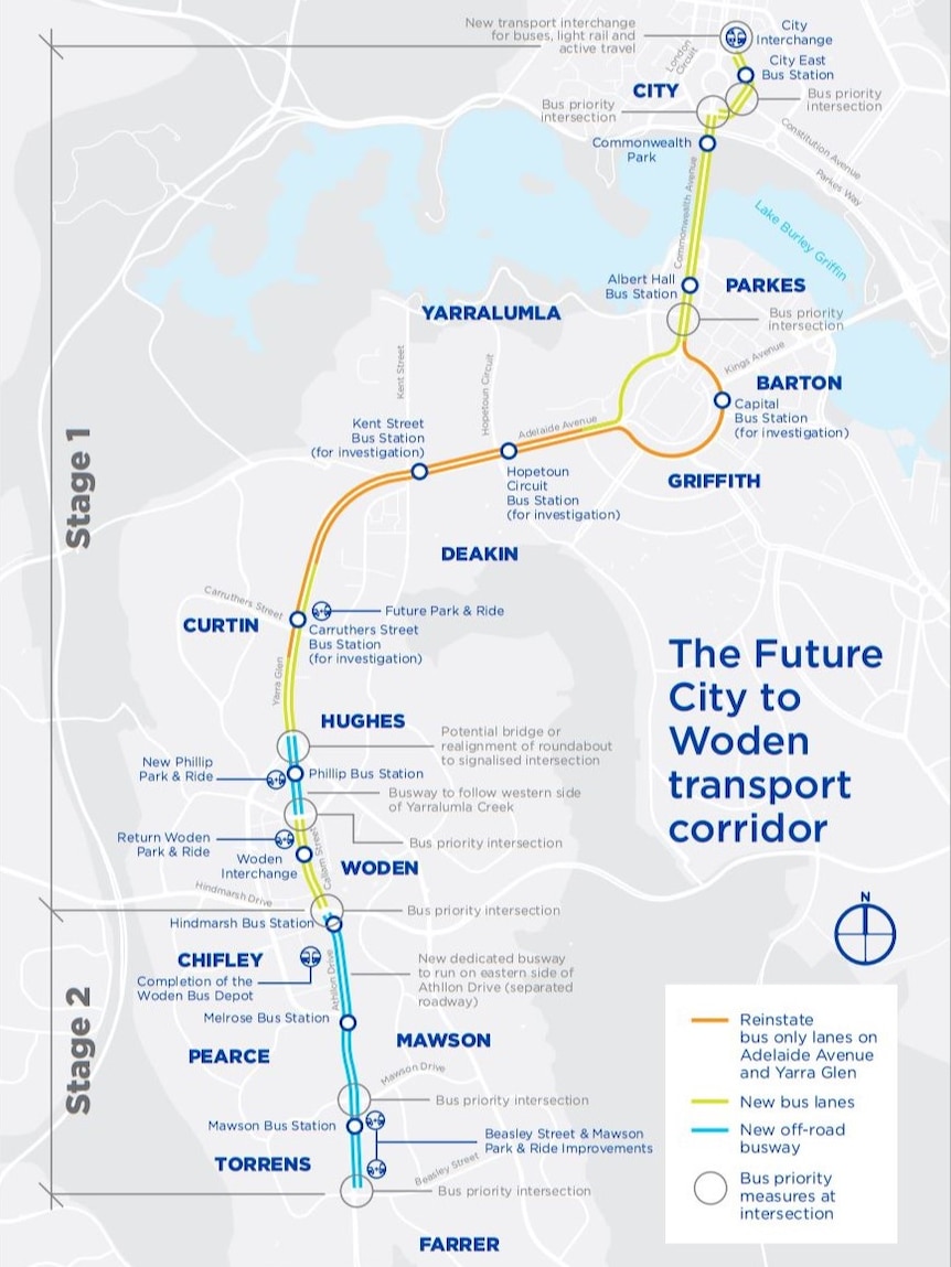 A map of a proposed busway between Woden and Canberra City.