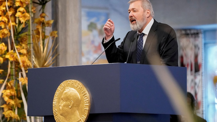 Nobel Peace Prize winner Dmitry Muratov delivering a speech.