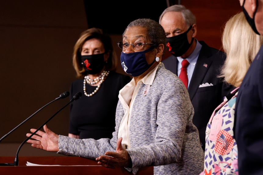 US Delegate Eleanor Holmes Norton with House Speaker Nancy Pelosi in a news conference calling for statehood for Washington, DC.