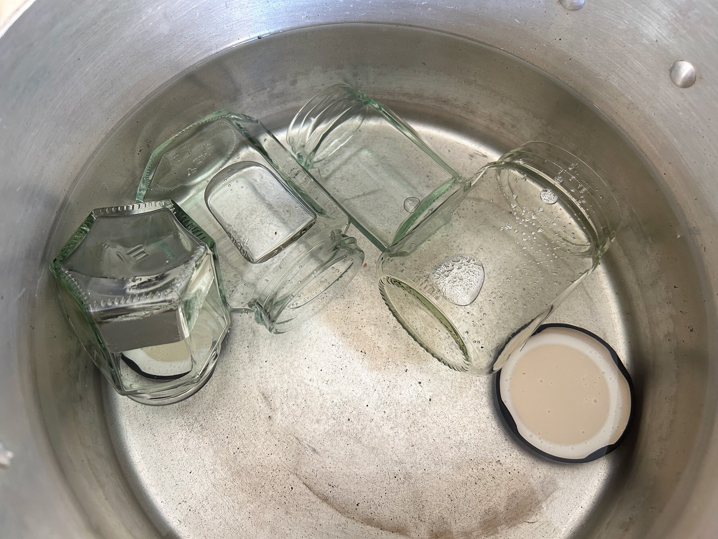 Several empty glass jars sit in a large pot to be sterilised and then filled with jam.