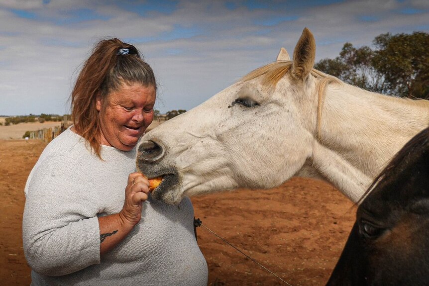 A woman wearing a white jumper feeds an apple to a white horse in a dry paddock.