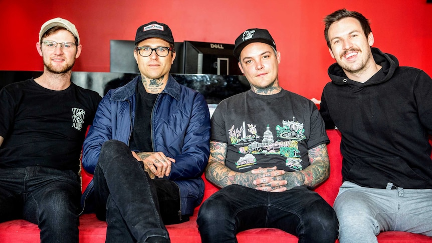 Ahren & Joel from The Amity Affliction at triple j, with Breakfast hosts Ben Harvey & Liam Stapleton