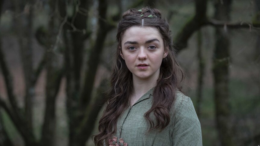 The actress wearing her hair in a loose tangle stares into the camera with a gloomy woodland behind her