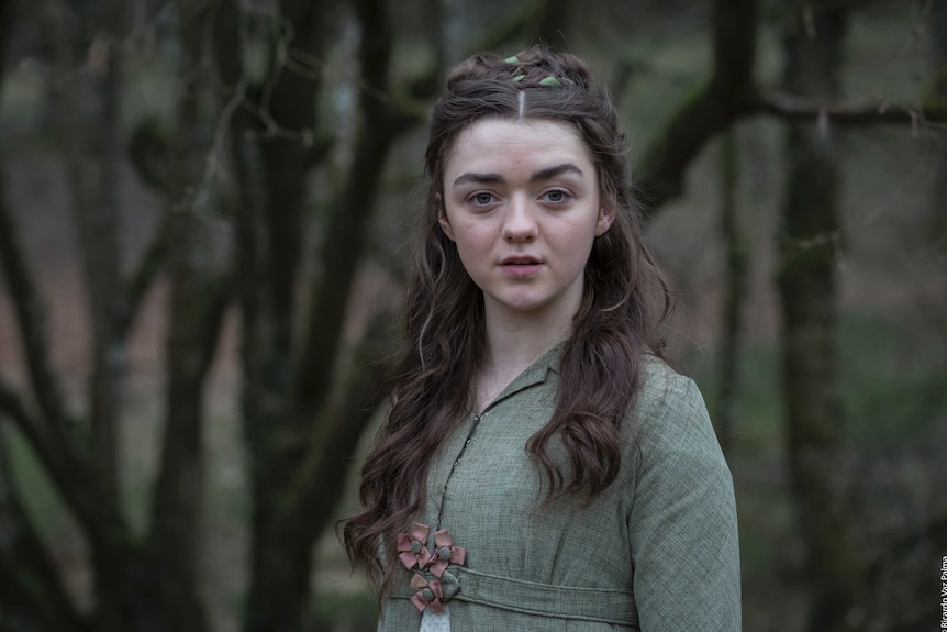 The actress wearing her hair in a loose tangle stares into the camera with a gloomy woodland behind her