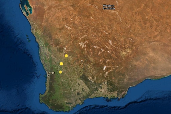 A map image of southern Western Australia with yellow dots denoting earthquake locations