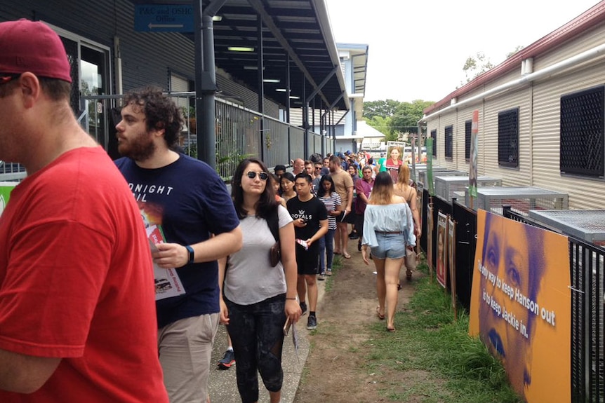Long queue to vote in West End in inner-city Brisbane.