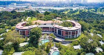 Hotel island with Singapore in the distance.