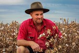 Portrait of cotton farmer Andrew Watson kneeling in a cotton field