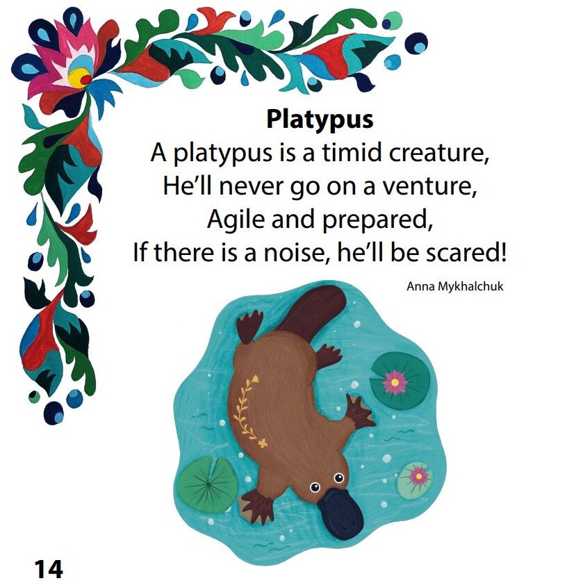Page in book showing platypus and samchykivka art, with short poem about platypus