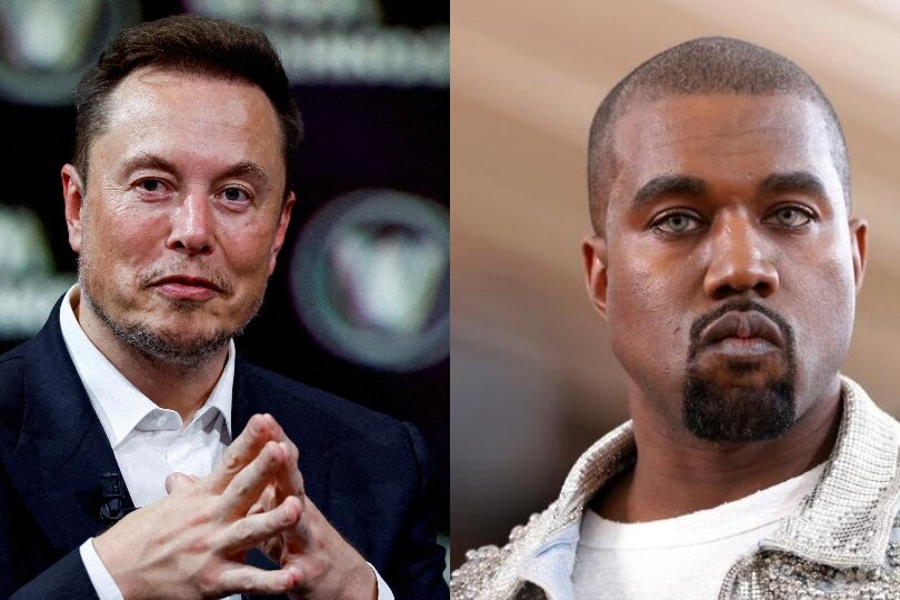 Elon Musk on the left in a suit with his hands clasped, Kanye West on the right in a jean jacket