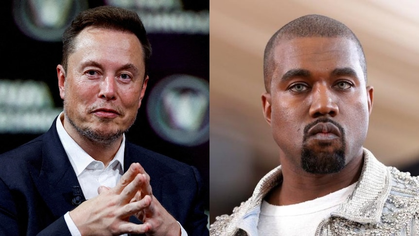 Elon Musk on the left in a suit with his hands clasped, Kanye West on the right in a jean jacket