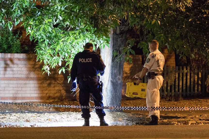 Police search a crime scene in the dark with torches