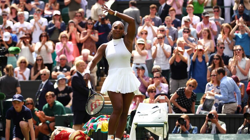American Serena Williams celebrates victory over Amra Sadikovic on day two at Wimbledon 2016.