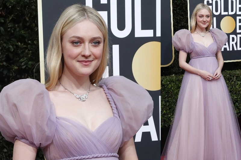 A composite image of a Dakota Fanning wearing a purple dress with big, puffy sleeves.