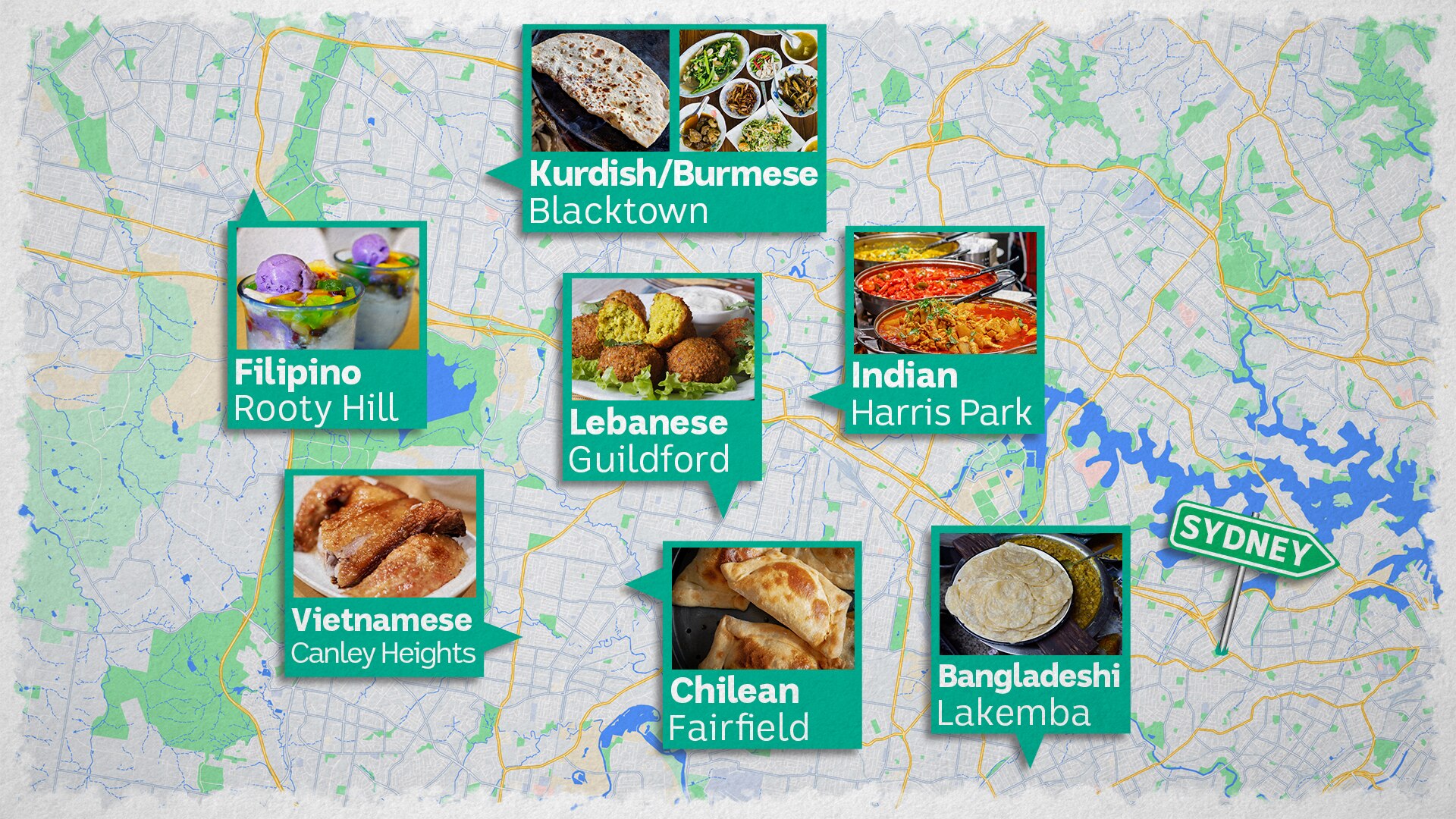 A map with pop up images of different cuisines.
