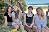 Four young women and girls sit together under a tree with a beach in the background.